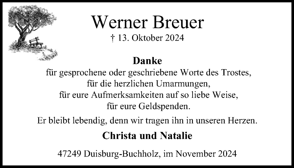  Traueranzeige für Werner Breuer vom 16.11.2024 aus Tageszeitung
