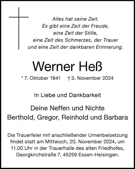 Traueranzeige von Werner Heß von Tageszeitung