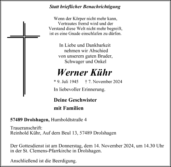 Traueranzeige von Werner Kühr von Tageszeitung