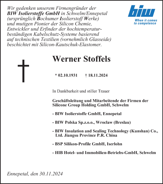 Traueranzeige von Werner Stoffels von Tageszeitung