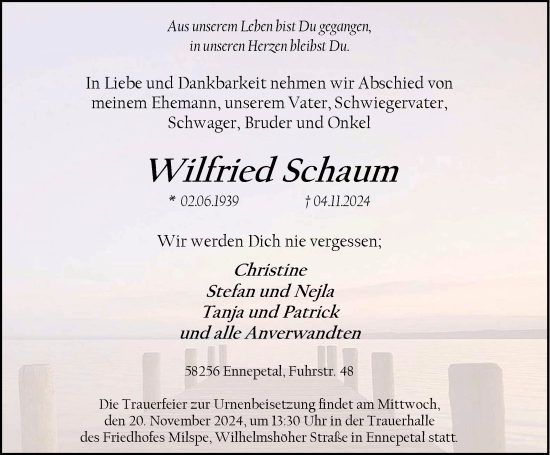 Traueranzeige von Wilfried Schaum von Tageszeitung