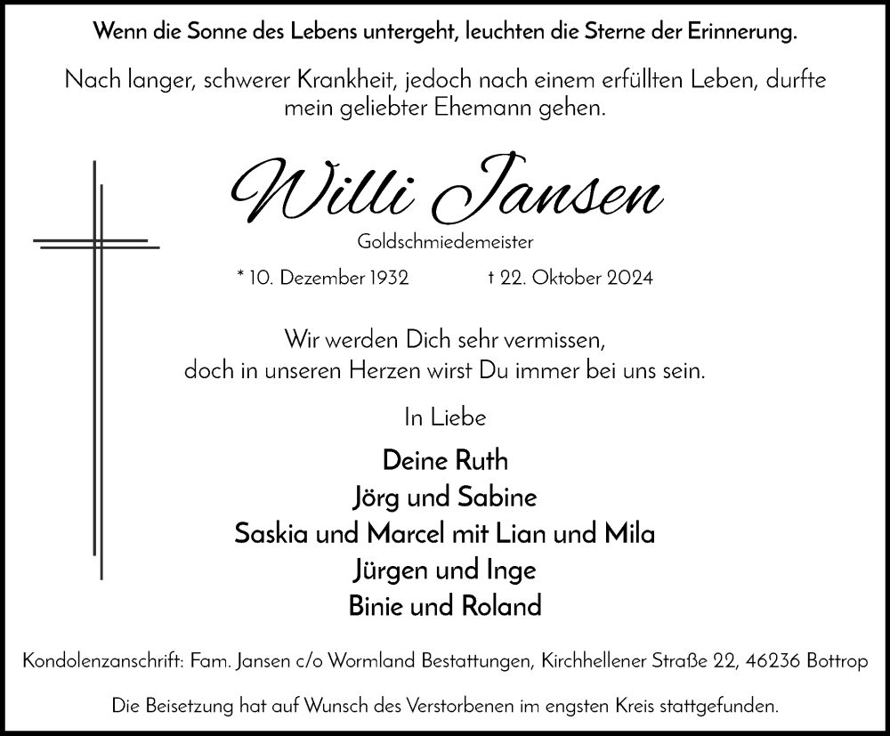  Traueranzeige für Willi Jansen vom 09.11.2024 aus Tageszeitung
