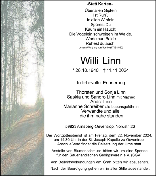 Traueranzeige von Willi Linn von Tageszeitung