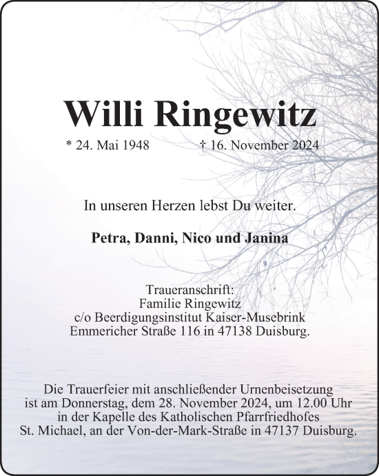 Traueranzeige von Willi Ringewitz von Tageszeitung