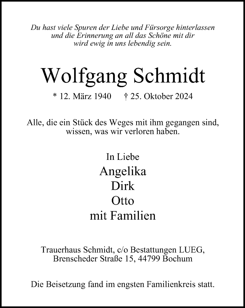  Traueranzeige für Wolfgang Schmidt vom 16.11.2024 aus Tageszeitung