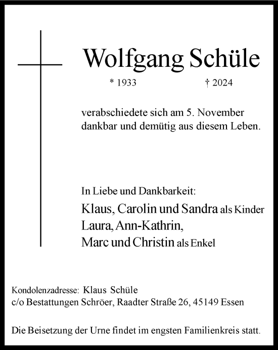 Traueranzeige von Wolfgang Schüle von Tageszeitung