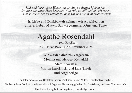 Traueranzeige von Agathe Rosendahl von Tageszeitung