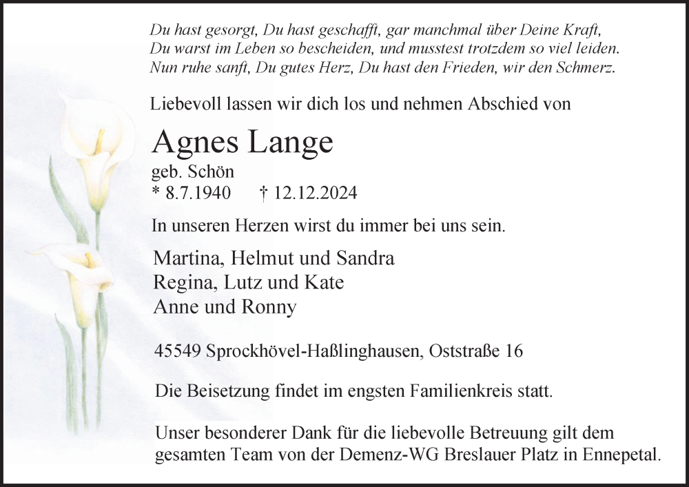  Traueranzeige für Agnes Lange vom 21.12.2024 aus Tageszeitung