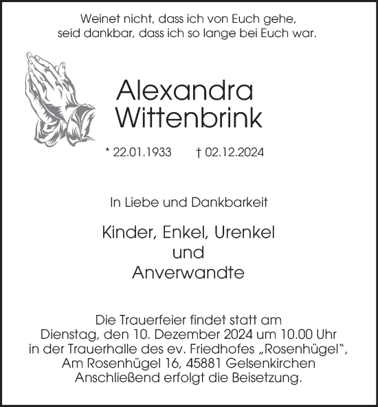 Traueranzeige von Alexandra Wittenbrink von Tageszeitung