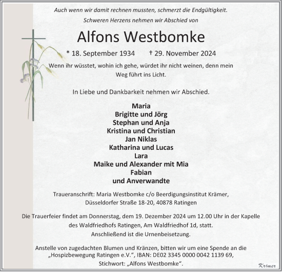 Traueranzeige von Alfons Westbomke von Tageszeitung