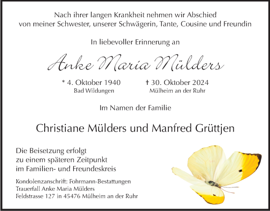Traueranzeige von Anke Maria Mülders von Tageszeitung
