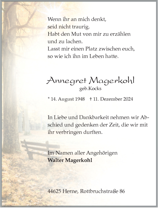 Traueranzeige von Annegret Magerkohl von Tageszeitung