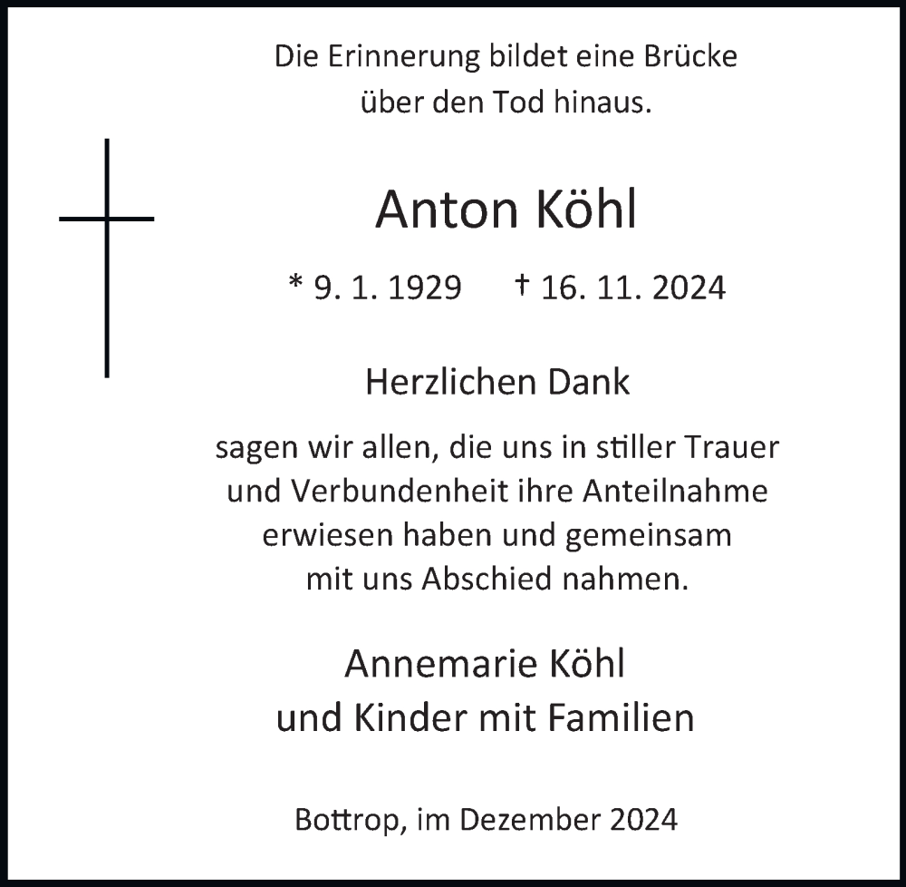  Traueranzeige für Anton Köhl vom 14.12.2024 aus Tageszeitung