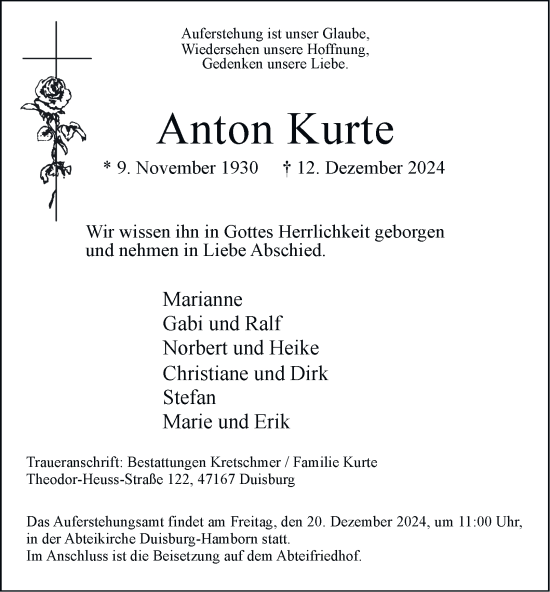 Traueranzeige von Anton Kurte von Tageszeitung