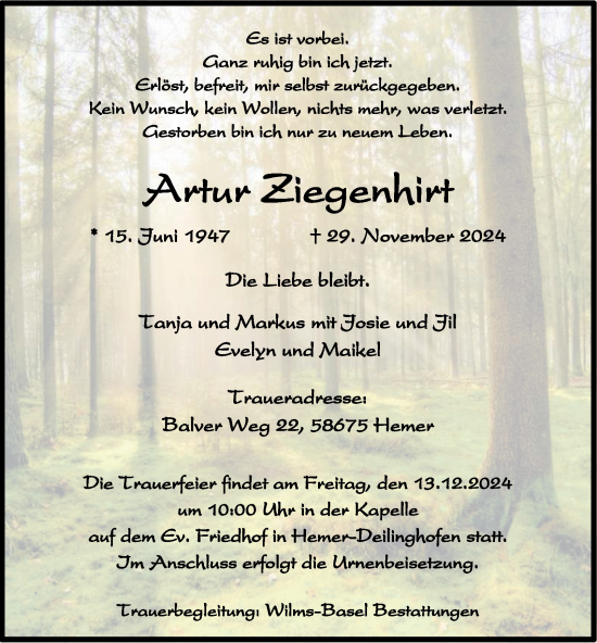 Traueranzeige von Artur Ziegenhirt von Tageszeitung