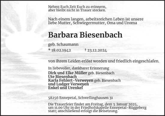 Traueranzeige von Barbara Biesenbach von Tageszeitung
