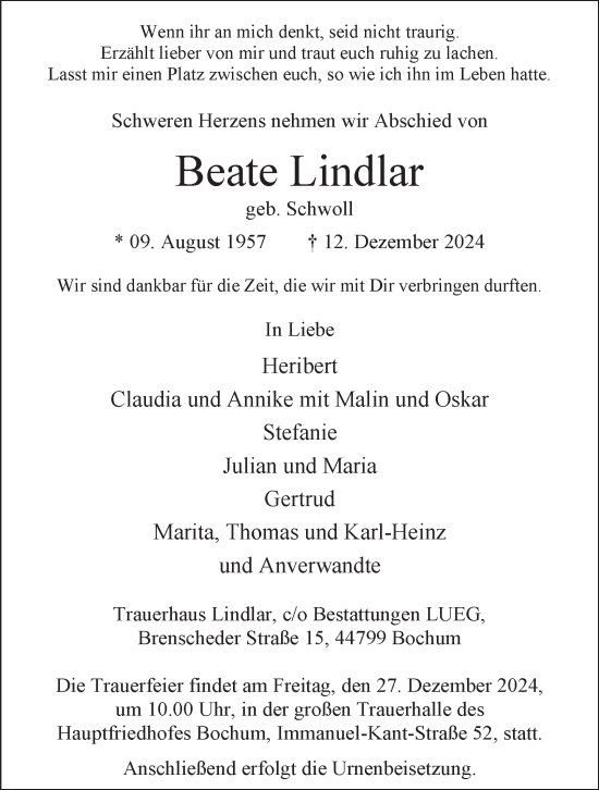 Traueranzeige von Beate Lindlar von Tageszeitung