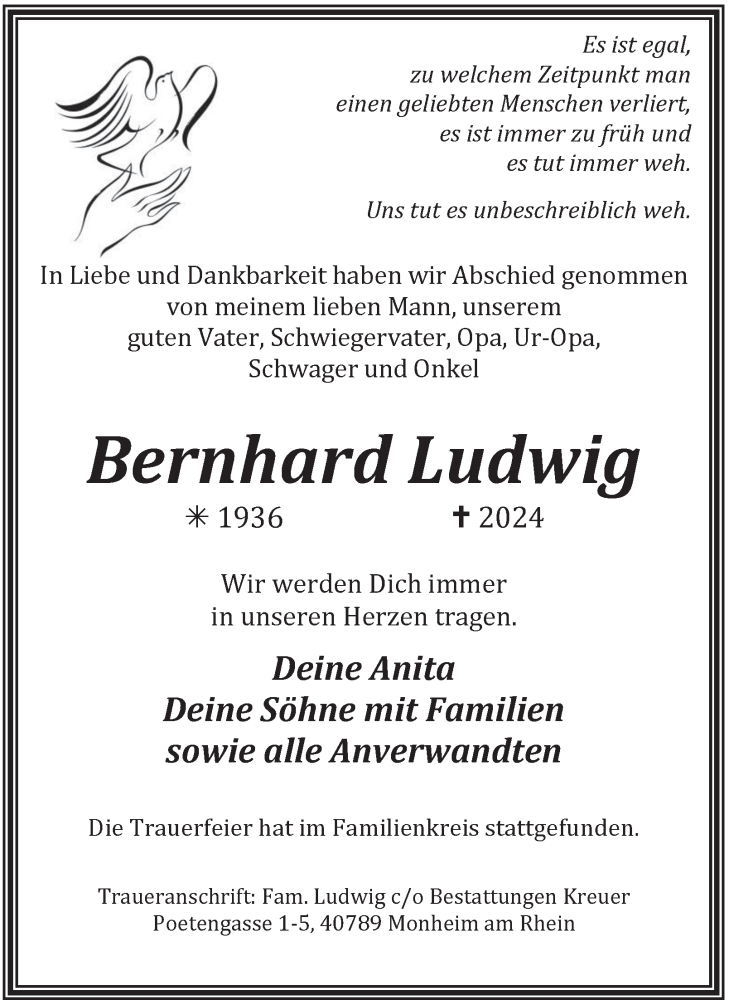  Traueranzeige für Bernhard Ludwig vom 21.12.2024 aus Tageszeitung