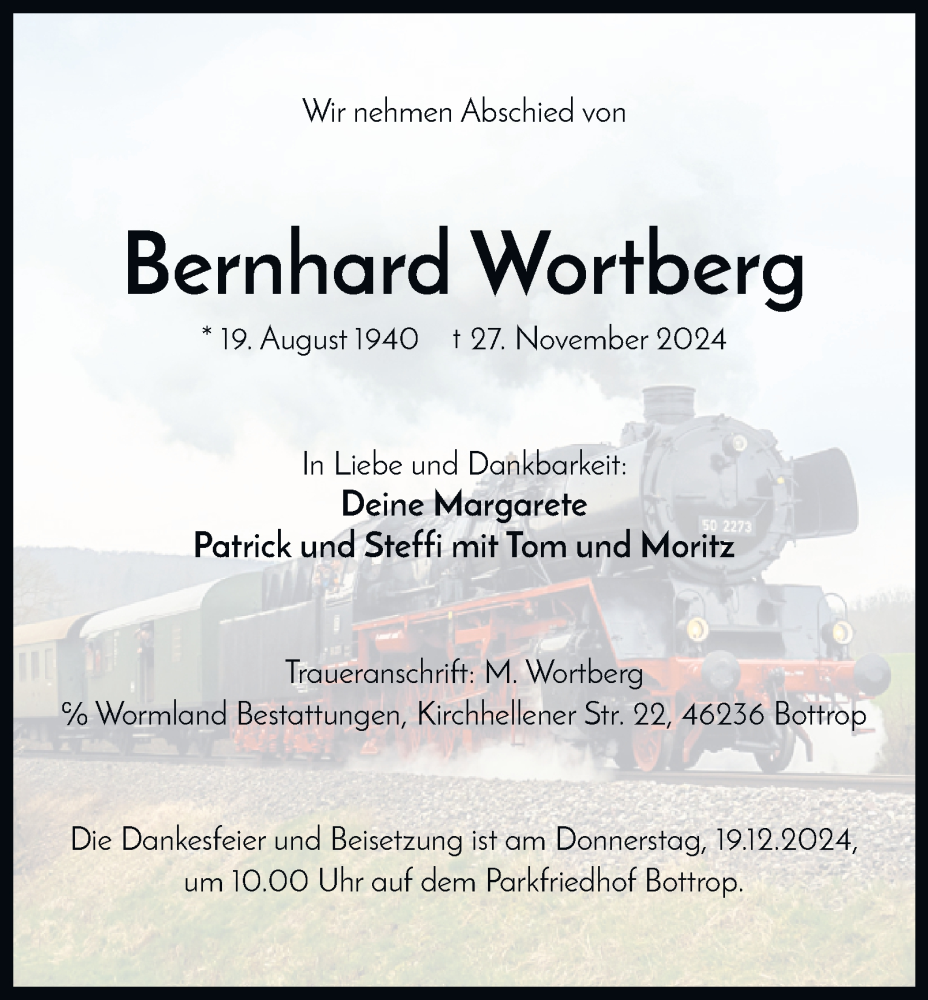  Traueranzeige für Bernhard Wortberg vom 14.12.2024 aus Tageszeitung