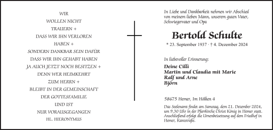 Traueranzeige von Bertold Schulte von Tageszeitung
