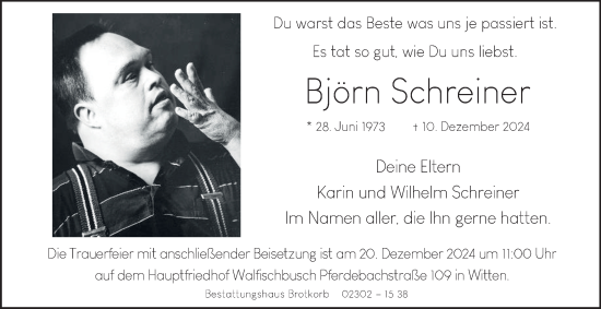 Traueranzeige von Björn Schreiner von Tageszeitung