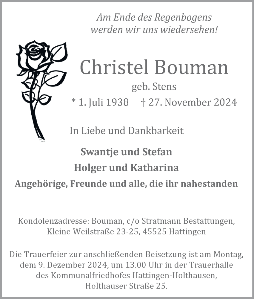  Traueranzeige für Christel Bouman vom 05.12.2024 aus Tageszeitung