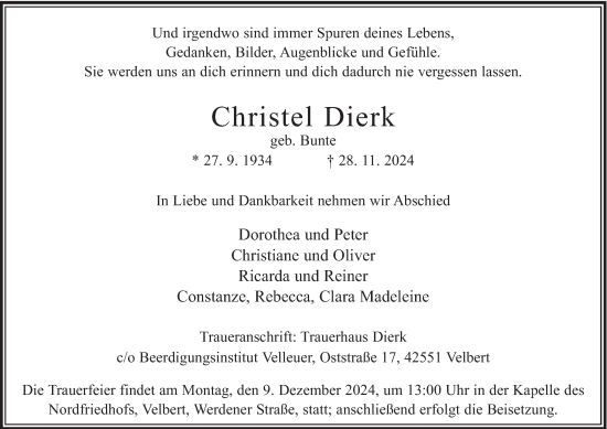 Traueranzeige von Christel Dierk von Tageszeitung