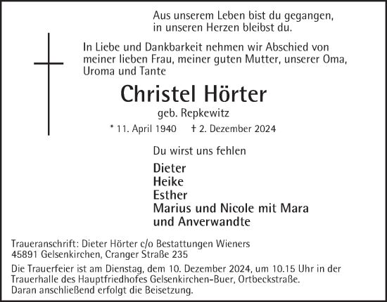 Traueranzeige von Christel Hörter von Tageszeitung
