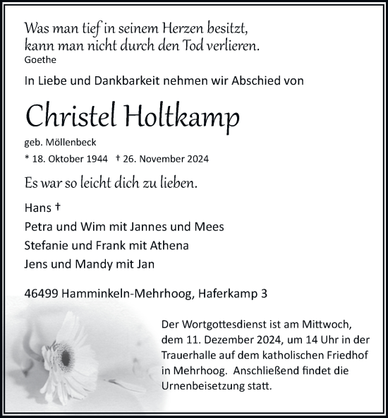 Traueranzeige von Christel Holtkamp von Tageszeitung