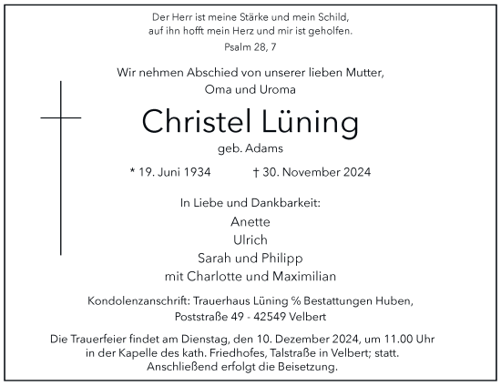 Traueranzeige von Christel Lüning von Tageszeitung