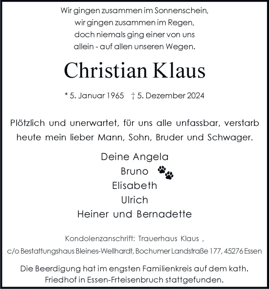 Traueranzeige von Christian Klaus von Tageszeitung