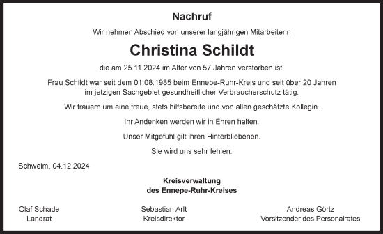 Traueranzeige von Christina Schildt von Tageszeitung