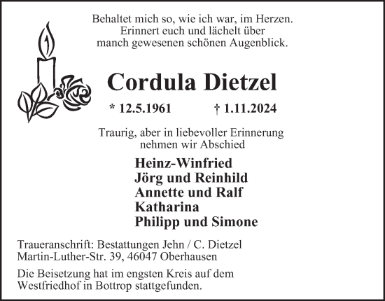 Traueranzeige von Cordula Dietzel von Tageszeitung
