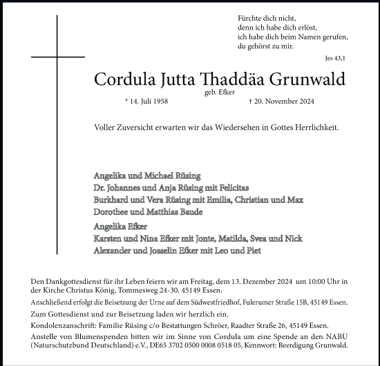 Traueranzeige von Cordula Jutta Thaddäa Grunwald von Tageszeitung