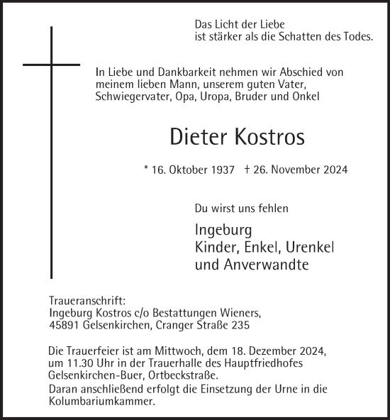 Traueranzeige von Dieter Kostros von Tageszeitung