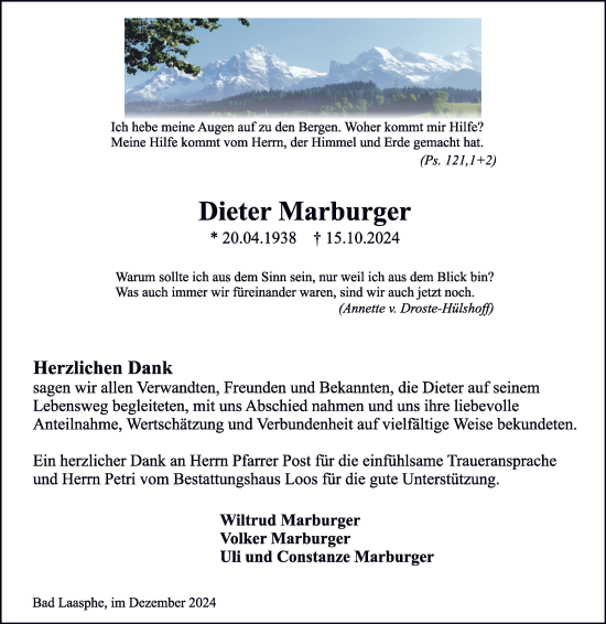 Traueranzeige von Dieter Marburger von Tageszeitung