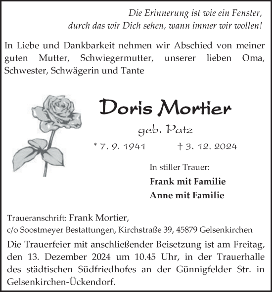 Traueranzeige von Doris Mortier von Tageszeitung