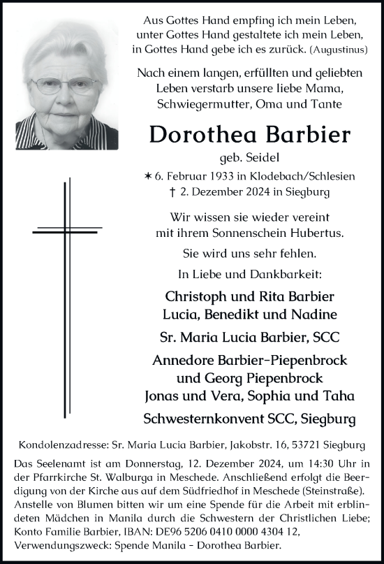 Traueranzeige von Dorothea Barbier von Tageszeitung