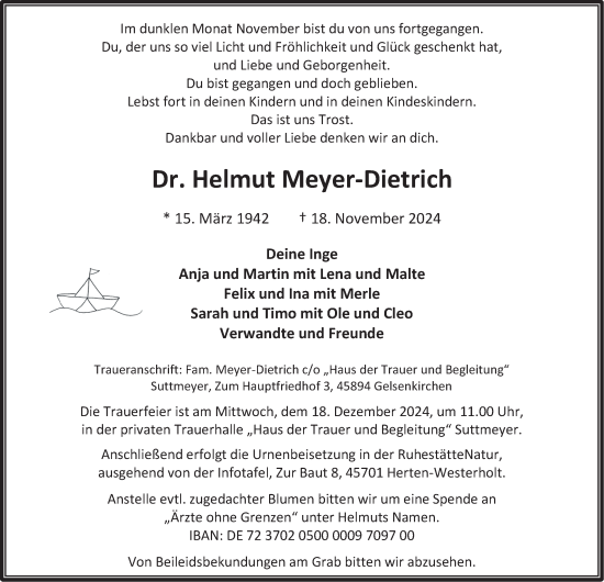 Traueranzeige von Dr. Helmut Meyer-Dietrich von Tageszeitung