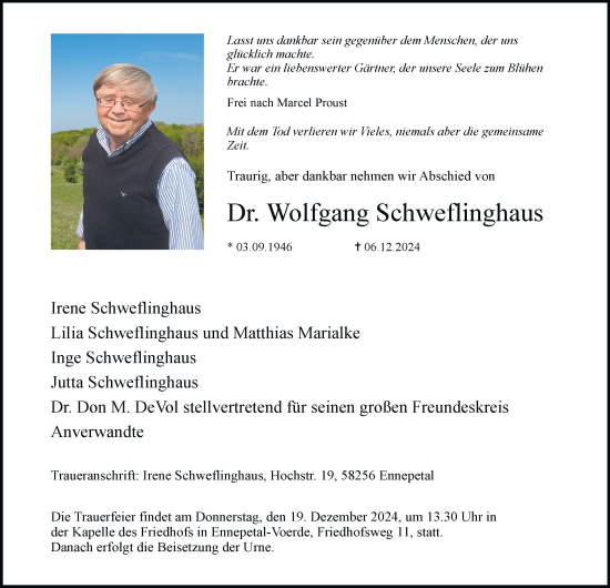 Traueranzeige von Dr. Wolfgang Schweflinghaus von Tageszeitung