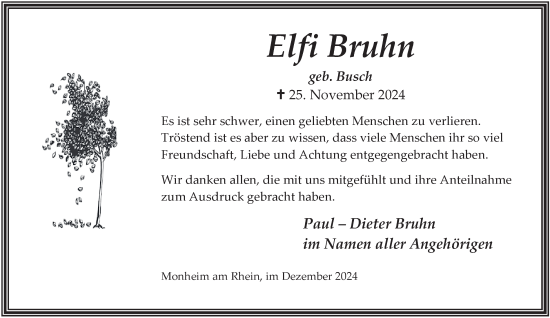 Traueranzeige von Elfi Bruhn von Tageszeitung