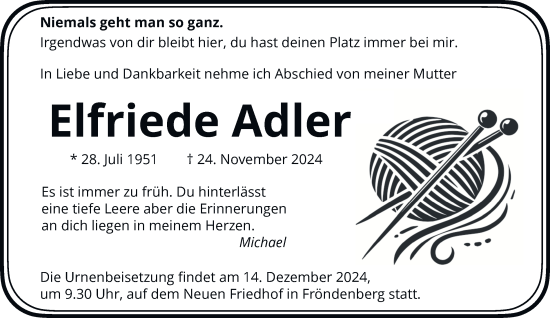 Traueranzeige von Elfriede Adler von Tageszeitung