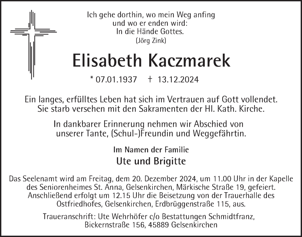  Traueranzeige für Elisabeth Kaczmarek vom 19.12.2024 aus Tageszeitung