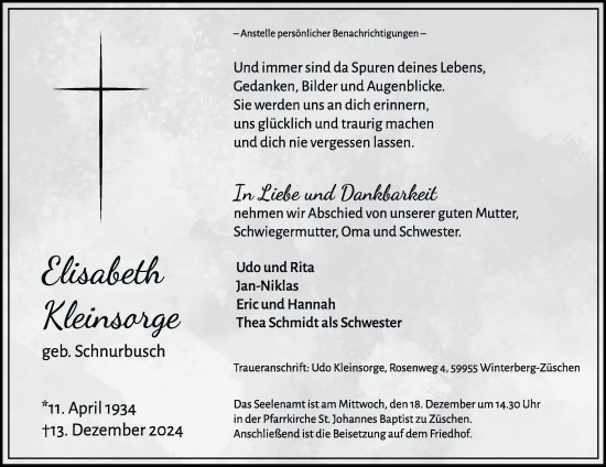 Traueranzeige von Elisabeth Kleinsorge von Tageszeitung