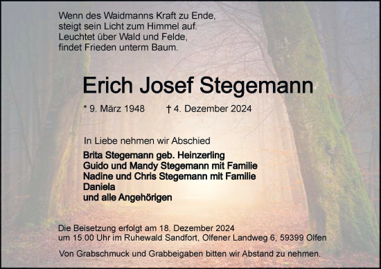 Traueranzeige von Erich Josef Stegemann von Tageszeitung