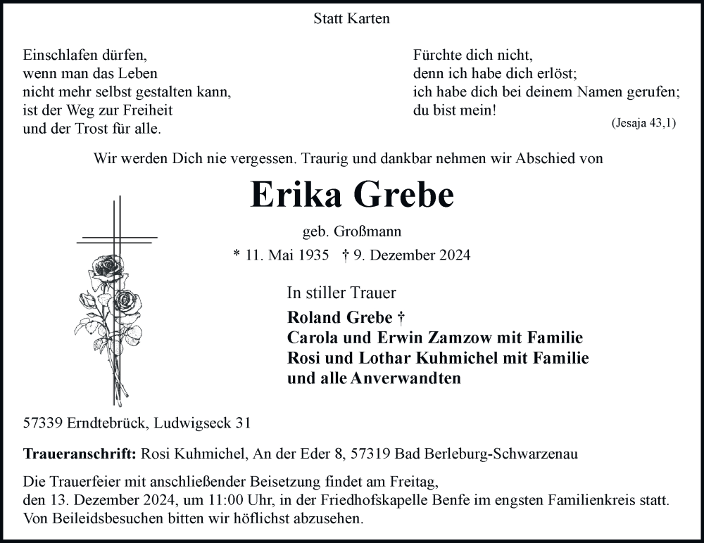  Traueranzeige für Erika Grebe vom 13.12.2024 aus Tageszeitung