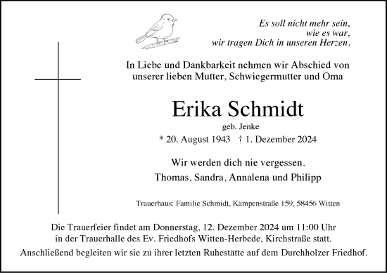 Traueranzeige von Erika Schmidt von Tageszeitung