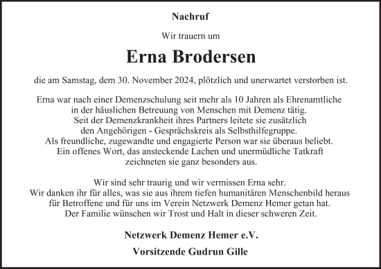 Traueranzeige von Erna Brodersen von Tageszeitung