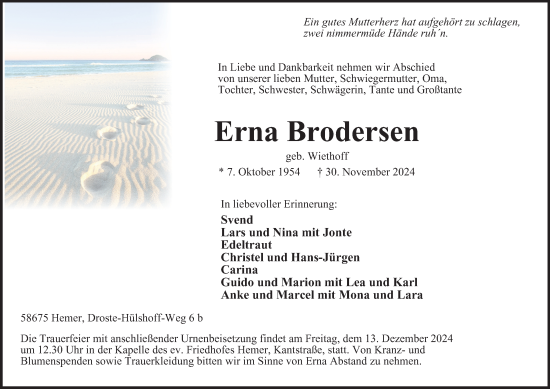 Traueranzeige von Erna Brodersen von Tageszeitung
