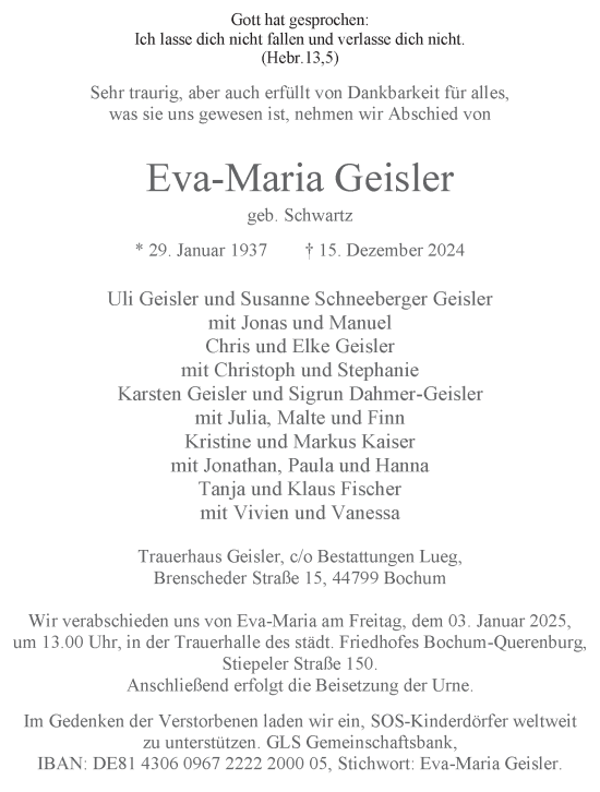 Traueranzeige von Eva-Maria Geisler von Tageszeitung